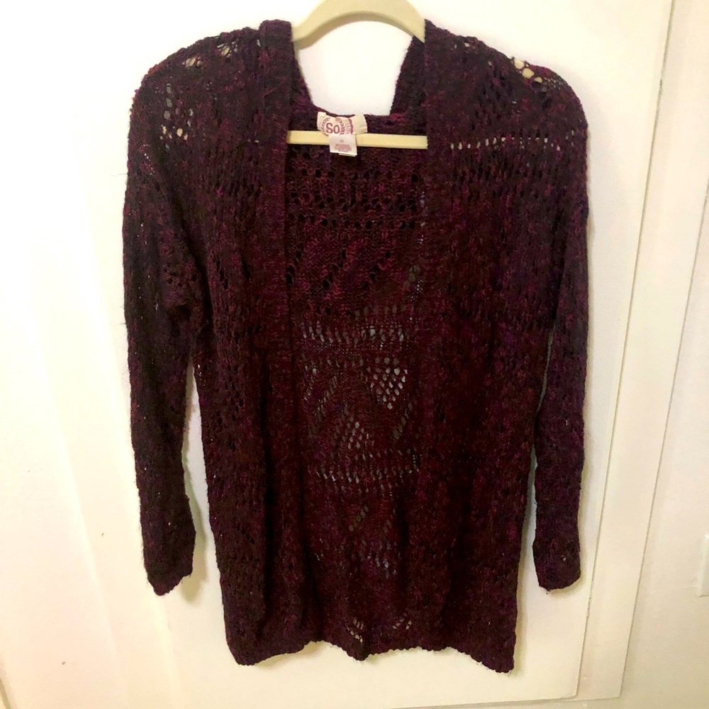Maroon open knit hood cardigan duster